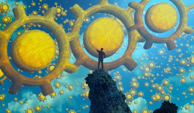 2d illüstrasyon kompozisyonu. Soyut rüya gibi motivasyonel görüntü. Hayali dünyada bir rüya da olan kişinin İllüstrasyon. Renkli zemin