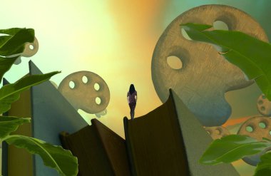 karikatür ve yeşil ağaç