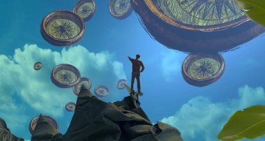 2d illüstrasyon. Soyut rüya gibi motivasyonel görüntü. Hayali dünyada bir rüya da olan kişinin İllüstrasyon. Pusula. Seyahat. Macera.