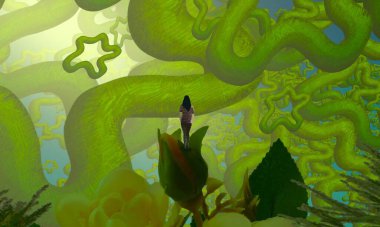 Soyut renkli arka plan, hayal gücü kavramı insan silueti.