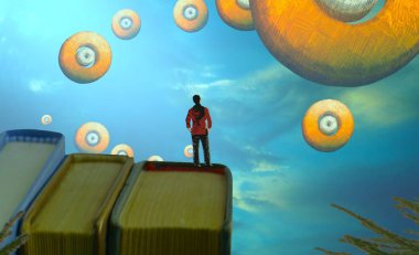 Soyut renkli arka plan, hayal gücü kavramı insan silueti.