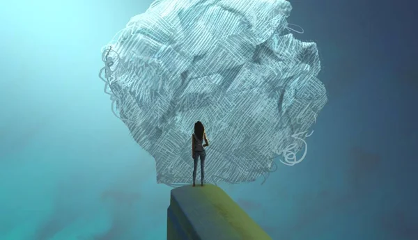 2d illustration. Abstract dreamlike motivational image. Illustration of person being in a dream in imaginary world. Paper ball trash.