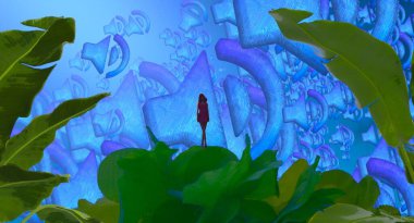 2d illüstrasyon. Soyut rüya gibi motivasyonel görüntü. Hayali dünyada bir rüya da olan kişinin İllüstrasyon. Renkli zemin