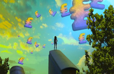 Soyut renkli arka plan, hayal gücü kavramı insan silueti.