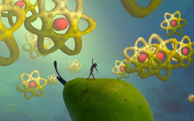 Nükleer Enerji. Atom parçacığı. 2d illüstrasyon. Soyut rüya gibi motivasyonel görüntü. Hayali dünyada bir kişinin rüyada olması nın illüstrasyonu.