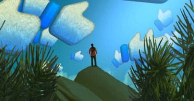 2d illüstrasyon. Hayali rüya gibi motivasyonel illüstrasyon. Rüya yıkan biri. Sosyal medya beğenileri. Başparmak yukarı.