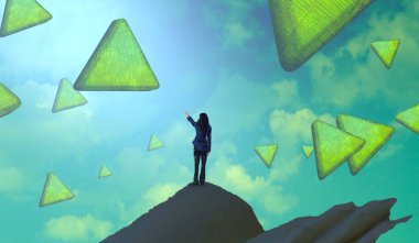 Soyut renkli arka plan, hayal gücü kavramı insan silueti.