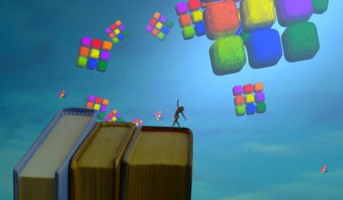 Soyut renkli arka plan, hayal gücü kavramı insan silueti.