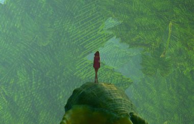 2d illüstrasyon. Soyut rüya gibi motivasyonel görüntü. Hayali dünyada bir rüya da olan kişinin İllüstrasyon. Yeşil yaprak.