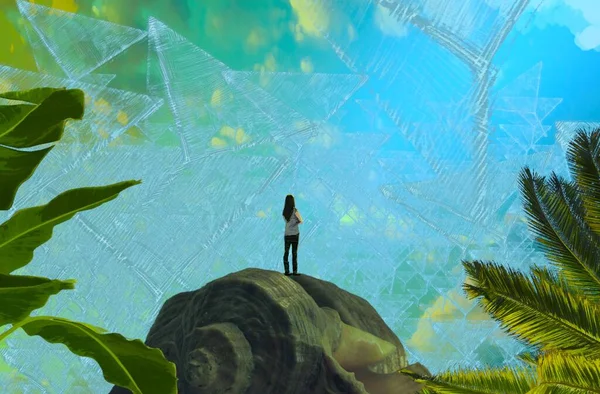 2d illüstrasyon. Soyut rüya gibi motivasyonel görüntü. Hayali dünyada bir rüya da olan kişinin İllüstrasyon. Sanal hologram. Bilgisayar Grafikleri.