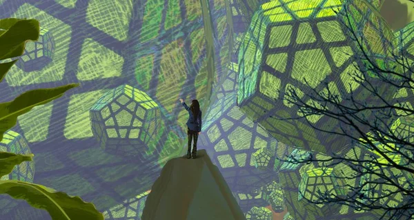 2d illüstrasyon. Soyut rüya gibi motivasyonel görüntü. Hayali dünyada bir kişinin rüyada olması nın illüstrasyonu. 