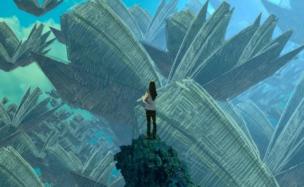 2d illüstrasyon. Soyut rüya gibi motivasyonel görüntü. Hayali dünyada bir kişinin rüyada olması nın illüstrasyonu. 