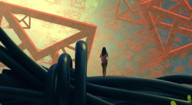 2d illüstrasyon. Soyut rüya gibi motivasyonel görüntü. Hayali dünyada bir rüya da olan kişinin İllüstrasyon. elektronik posta.