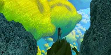 Soyut renkli arka plan, hayal gücü kavramı insan silueti.