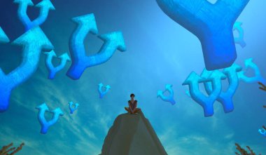 2d illüstrasyon kompozisyonu. Soyut rüya gibi motivasyonel görüntü. Hayali dünyada bir rüya da olan kişinin İllüstrasyon. Renkli zemin