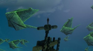 2d illüstrasyon. Hayali dünyada bir rüya da olan kişinin İllüstrasyon. Soyut rüya gibi motivasyonel görüntü.