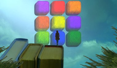 Soyut renkli arka plan, hayal gücü kavramı insan silueti.