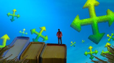 2d illüstrasyon kompozisyonu. Soyut rüya gibi motivasyonel görüntü. Hayali dünyada bir rüya da olan kişinin İllüstrasyon. Renkli zemin