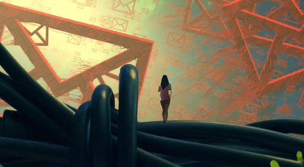 2d illüstrasyon. Soyut rüya gibi motivasyonel görüntü. Hayali dünyada bir rüya da olan kişinin İllüstrasyon. elektronik posta.