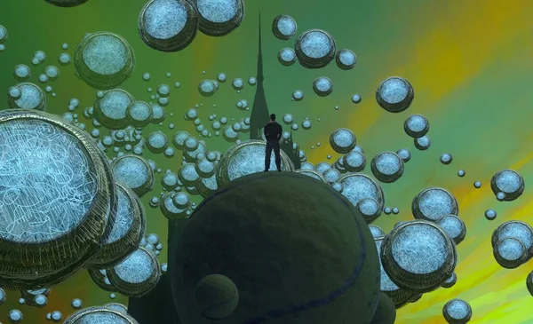 2d illüstrasyon. İnsan kenarda duruyor. Rüya gibi soyut hayali görüntü. Hayali dünya illüstrasyon