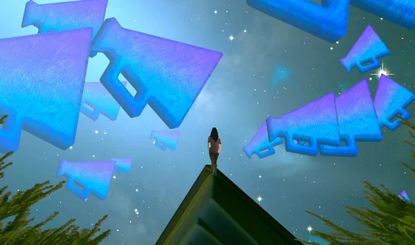 2d illüstrasyon kompozisyonu. Soyut rüya gibi motivasyonel görüntü. Hayali dünyada bir rüya da olan kişinin İllüstrasyon. Renkli zemin.