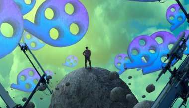 2d illüstrasyon kompozisyonu. Soyut rüya gibi motivasyonel görüntü. Hayali dünyada bir rüya da olan kişinin İllüstrasyon. Renkli zemin.