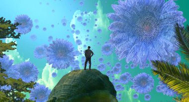 2d illüstrasyon. Soyut rüya gibi motivasyonel görüntü. Hayali dünyada bir kişinin rüyada olması nın illüstrasyonu. 