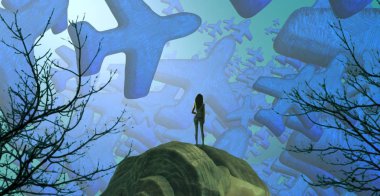 Soyut renkli arka plan, hayal gücü kavramı insan silueti.