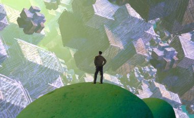 2d illüstrasyon. Soyut rüya gibi motivasyonel görüntü. Hayali dünyada bir kişinin rüyada olması nın illüstrasyonu. 