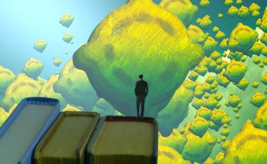 Soyut renkli arka plan, hayal gücü kavramı insan silueti.