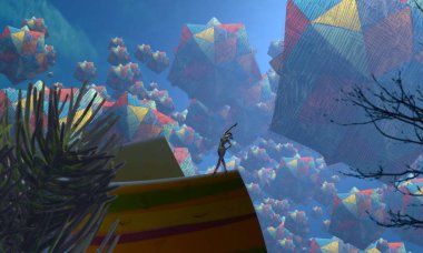 2d illüstrasyon. Soyut rüya gibi motivasyonel görüntü. Hayali dünyada bir rüya da olan kişinin İllüstrasyon. Yastık. Hayal