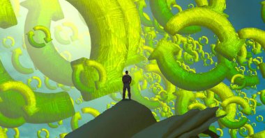 2d illüstrasyon kompozisyonu. Soyut rüya gibi motivasyonel görüntü. Hayali dünyada bir rüya da olan kişinin İllüstrasyon. Renkli zemin