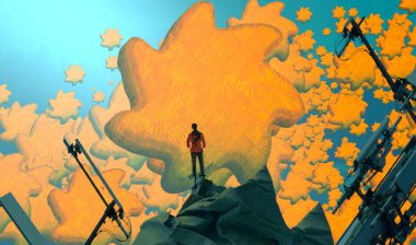 Soyut renkli arka plan, hayal gücü kavramı insan silueti.