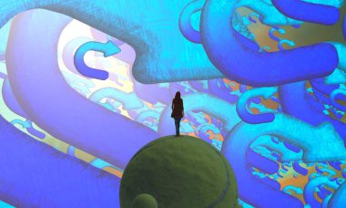 Soyut renkli arka plan, hayal gücü kavramı insan silueti.