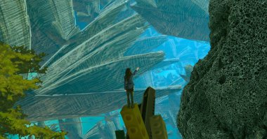 2d illüstrasyon. Soyut rüya gibi motivasyonel görüntü. Hayali dünyada bir kişinin rüyada olması nın illüstrasyonu. 