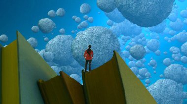 2d illüstrasyon. Soyut rüya gibi motivasyonel görüntü. Hayali dünyada bir rüya da olan kişinin İllüstrasyon. Topu. Top oynama.