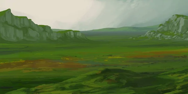 Landscape Mountains Drawing Gouache Acrylic Paints — Stock Photo, Image