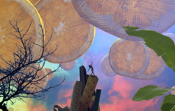 2d illüstrasyon. Soyut rüya gibi motivasyonel görüntü. Hayali dünyada bir rüya da olan kişinin İllüstrasyon. Limon meyvesi