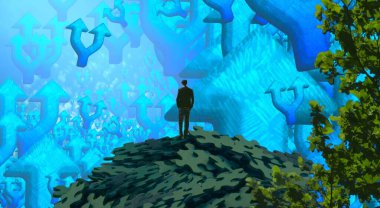 2d illüstrasyon kompozisyonu. Soyut rüya gibi motivasyonel görüntü. Hayali dünyada bir rüya da olan kişinin İllüstrasyon. Renkli zemin