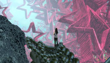 2d illüstrasyon. Soyut rüya gibi motivasyonel görüntü. Hayali dünyada bir kişinin rüyada olması nın illüstrasyonu. 