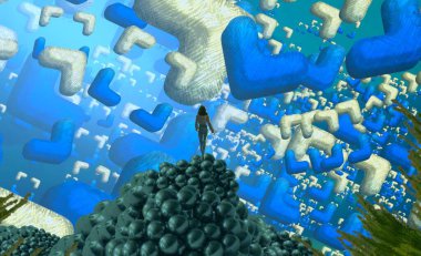 Soyut renkli arka plan, hayal gücü kavramı insan silueti.