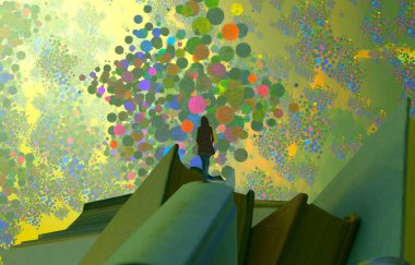 2d illüstrasyon. Soyut rüya gibi motivasyonel görüntü. Hayali dünyada bir rüya da olan kişinin İllüstrasyon. Renkli parçacıklar.