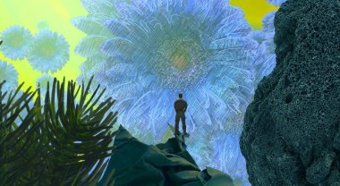 2d illüstrasyon. Soyut rüya gibi motivasyonel görüntü. Hayali dünyada bir kişinin rüyada olması nın illüstrasyonu. 