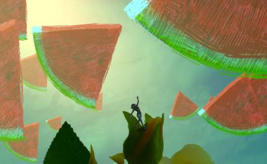 2d illüstrasyon. Soyut rüya gibi motivasyonel görüntü. Hayali dünyada bir rüya da olan kişinin İllüstrasyon. Karpuz