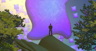 Soyut renkli arka plan, hayal gücü kavramı insan silueti.