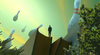 2d illüstrasyon. Soyut rüya gibi motivasyonel görüntü. Hayali dünyada bir rüya da olan kişinin İllüstrasyon. Bowling oyunu.