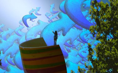 Soyut renkli arka plan, hayal gücü kavramı insan silueti.