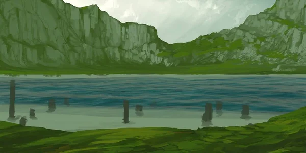 グアッシュやアクリル塗料で描く山々の風景 — ストック写真