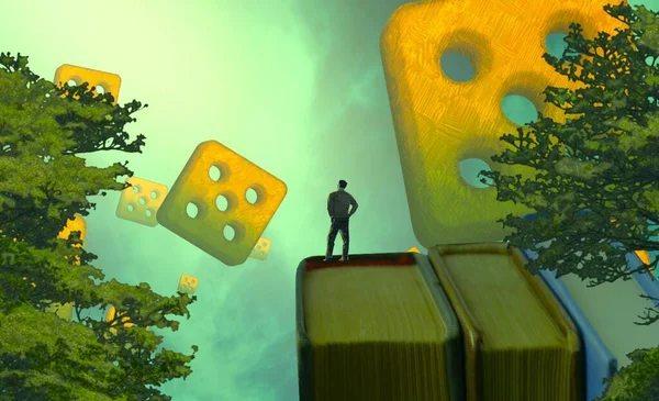 2d illustration. Abstract dreamlike motivational image. Illustration of person being in a dream in imaginary world. Observation. Dice result.
