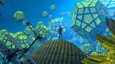 2d illüstrasyon. Soyut rüya gibi motivasyonel görüntü. Hayali dünyada bir kişinin rüyada olması nın illüstrasyonu. 